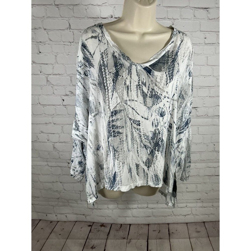 Sofia Women's Boxy Top Blue White Grey Made in Italy Roll Tab 3/4 Sleeves O/S